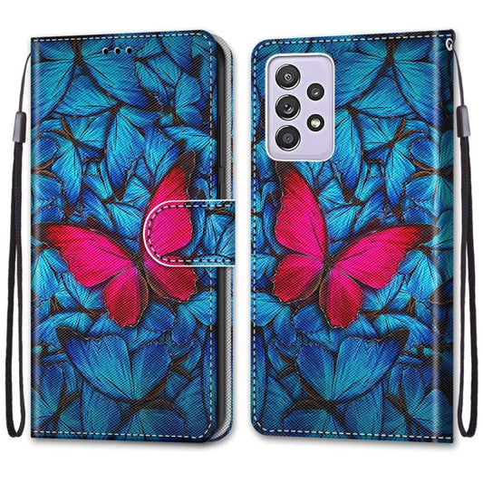 For Samsung Galaxy A52 5G Coloured Drawing Cross Texture Horizontal Flip PU Leather Case with Holder & Card Slots & Wallet & Lanyard(Blue Red Butterfly) by buy2fix