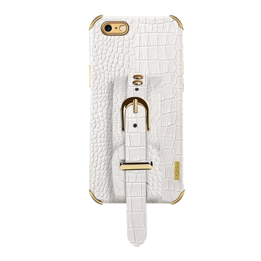 For iPhone SE 2022 / SE 2020 / 8 / 7 Electroplated TPU Crocodile Pattern Leather Case with Wrist Strap(White) by buy2fix