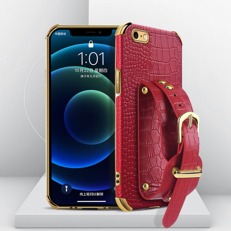 For iPhone SE 2022 / SE 2020 / 8 / 7 Electroplated TPU Crocodile Pattern Leather Case with Wrist Strap(Red) - iPhone SE 2022 / 2020 / 8 / 7 Cases by buy2fix | Online Shopping UK | buy2fix