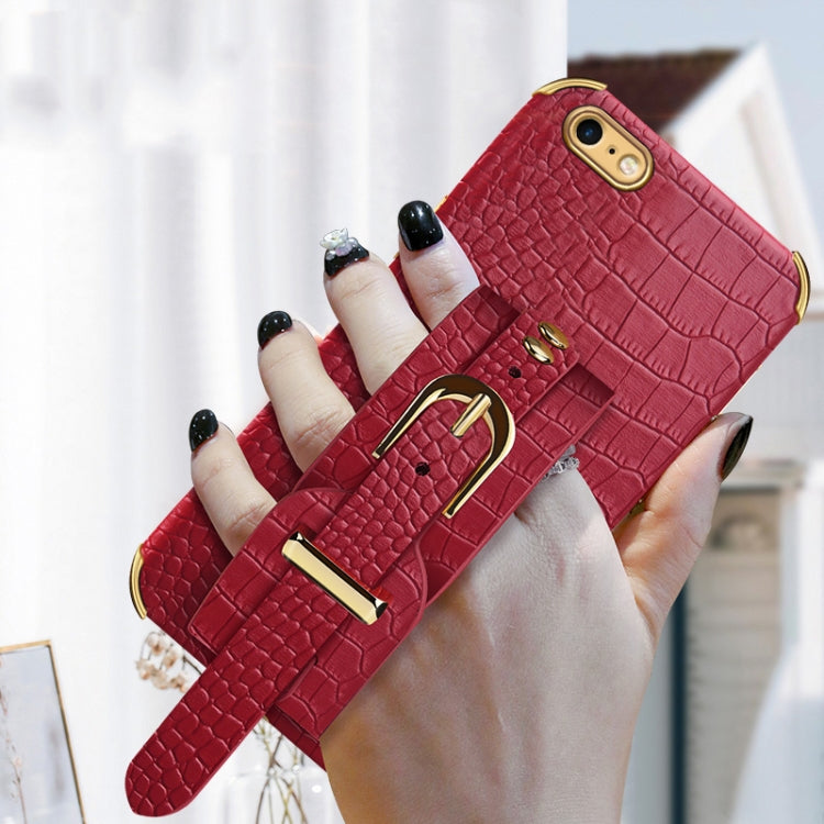 For iPhone SE 2022 / SE 2020 / 8 / 7 Electroplated TPU Crocodile Pattern Leather Case with Wrist Strap(Red) - iPhone SE 2022 / 2020 / 8 / 7 Cases by buy2fix | Online Shopping UK | buy2fix