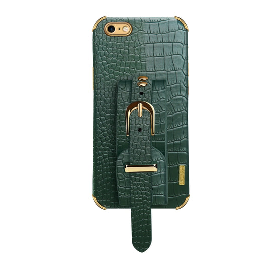 For iPhone SE 2022 / SE 2020 / 8 / 7 Electroplated TPU Crocodile Pattern Leather Case with Wrist Strap(Green) by buy2fix