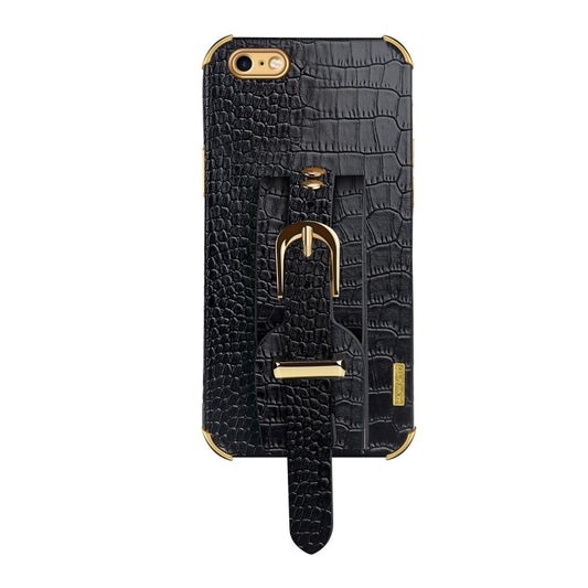 For iPhone SE 2022 / SE 2020 / 8 / 7 Electroplated TPU Crocodile Pattern Leather Case with Wrist Strap(Black) by buy2fix
