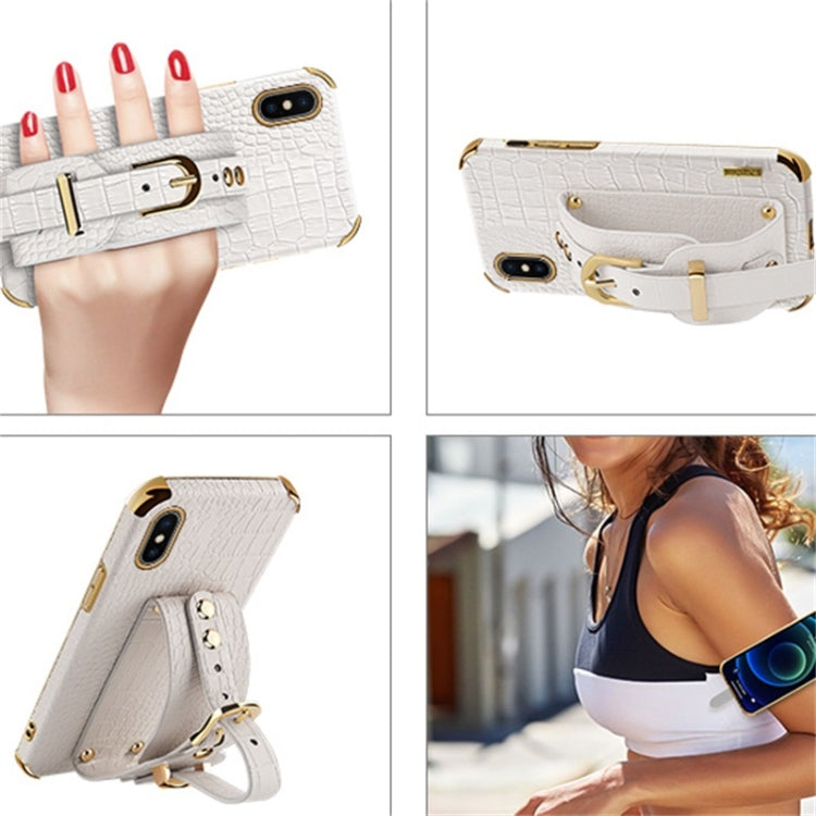 For iPhone X / XS Electroplated TPU Crocodile Pattern Leather Case with Wrist Strap(White) - More iPhone Cases by buy2fix | Online Shopping UK | buy2fix