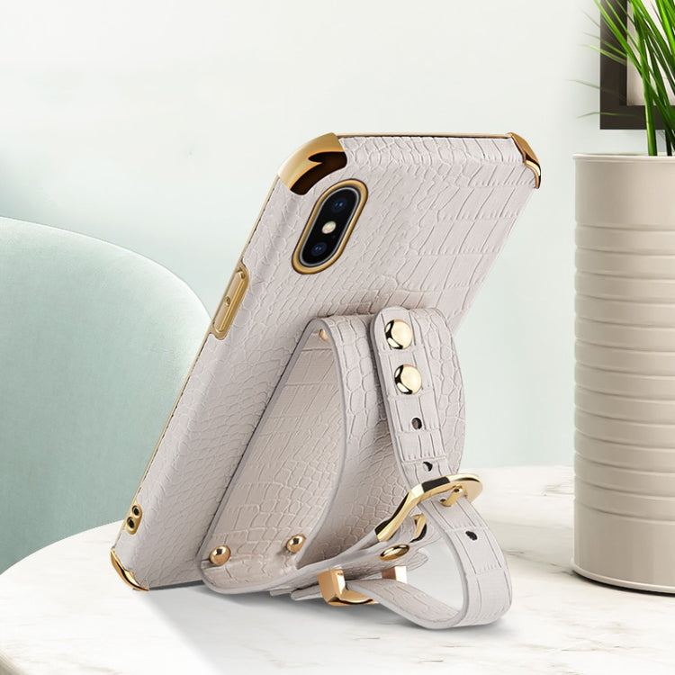For iPhone X / XS Electroplated TPU Crocodile Pattern Leather Case with Wrist Strap(White) - More iPhone Cases by buy2fix | Online Shopping UK | buy2fix