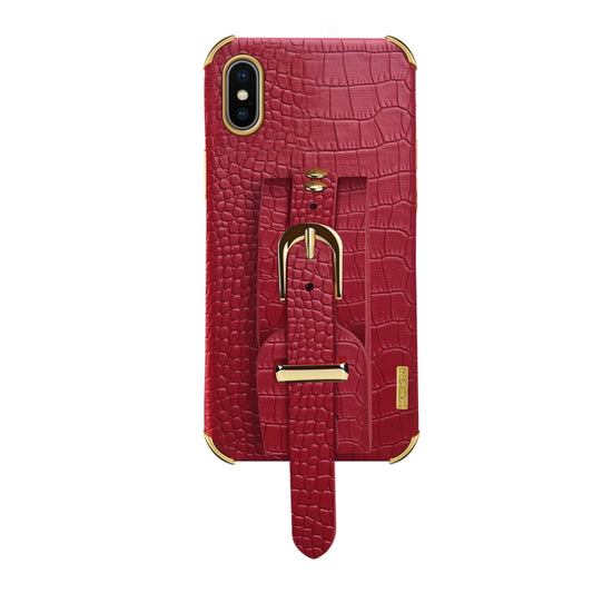 For iPhone X / XS Electroplated TPU Crocodile Pattern Leather Case with Wrist Strap(Red) by buy2fix