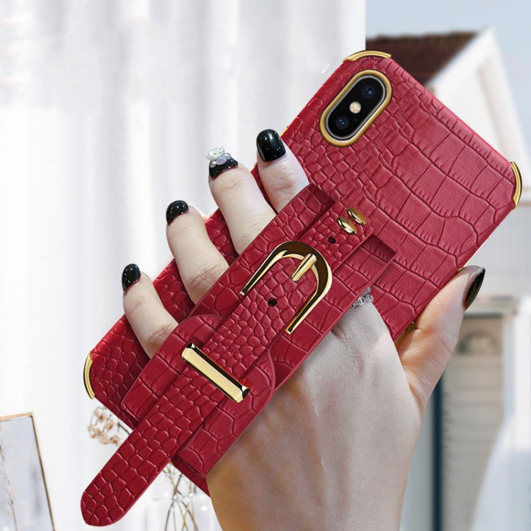 For iPhone X / XS Electroplated TPU Crocodile Pattern Leather Case with Wrist Strap(Red) - More iPhone Cases by buy2fix | Online Shopping UK | buy2fix