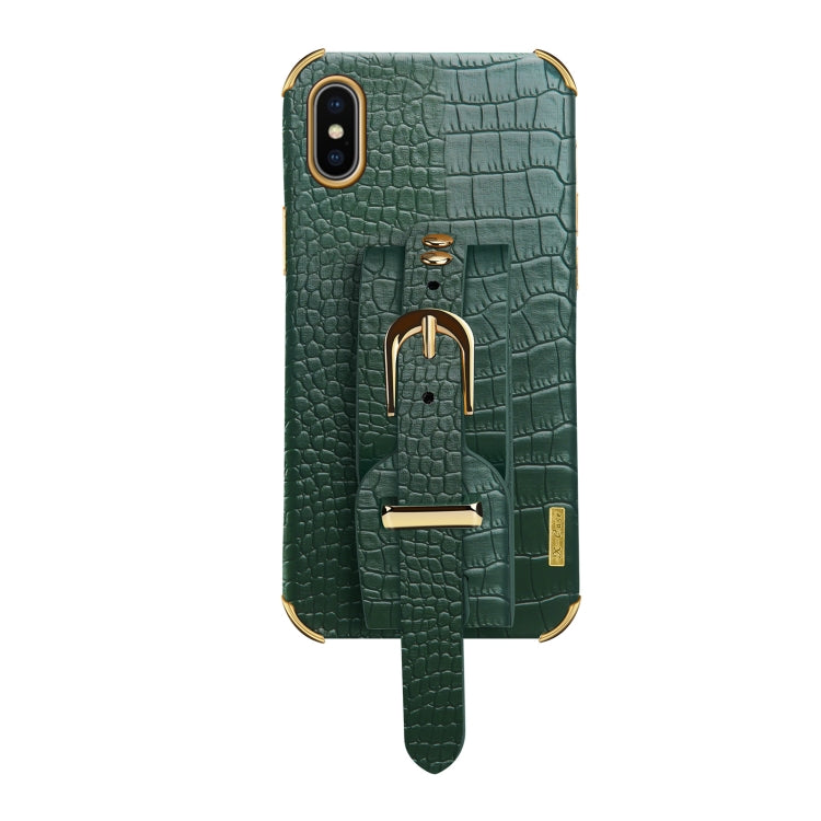 For iPhone X / XS Electroplated TPU Crocodile Pattern Leather Case with Wrist Strap(Green) - More iPhone Cases by buy2fix | Online Shopping UK | buy2fix