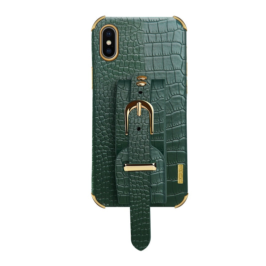 For iPhone X / XS Electroplated TPU Crocodile Pattern Leather Case with Wrist Strap(Green) by buy2fix