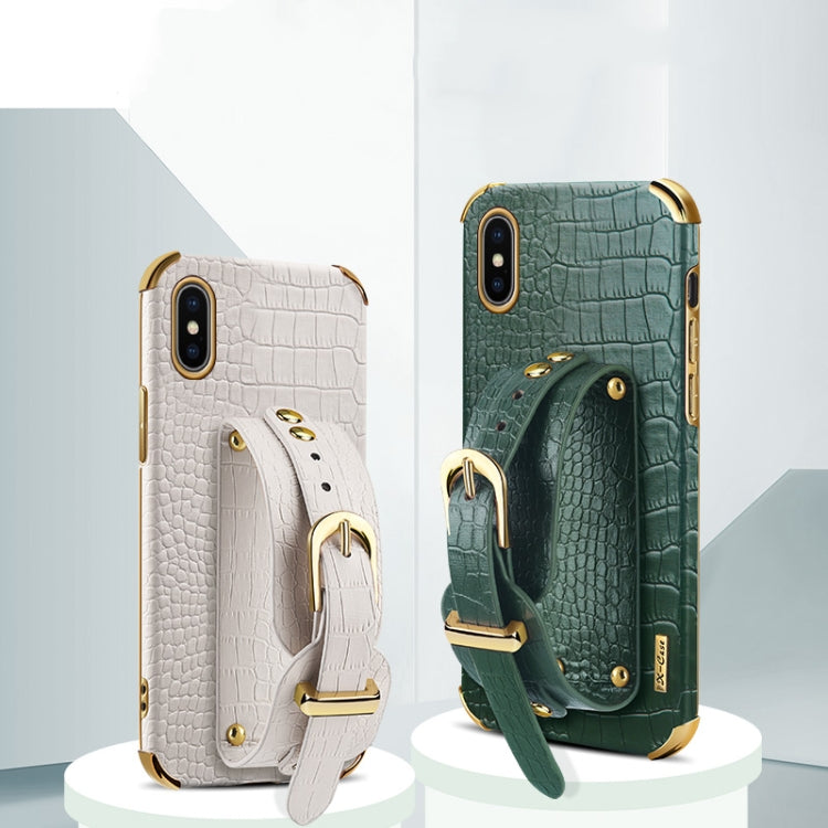For iPhone X / XS Electroplated TPU Crocodile Pattern Leather Case with Wrist Strap(Green) - More iPhone Cases by buy2fix | Online Shopping UK | buy2fix