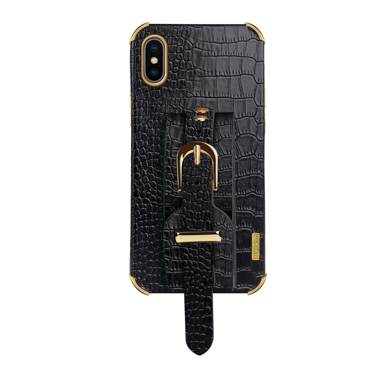 For iPhone X / XS Electroplated TPU Crocodile Pattern Leather Case with Wrist Strap(Black) - More iPhone Cases by buy2fix | Online Shopping UK | buy2fix
