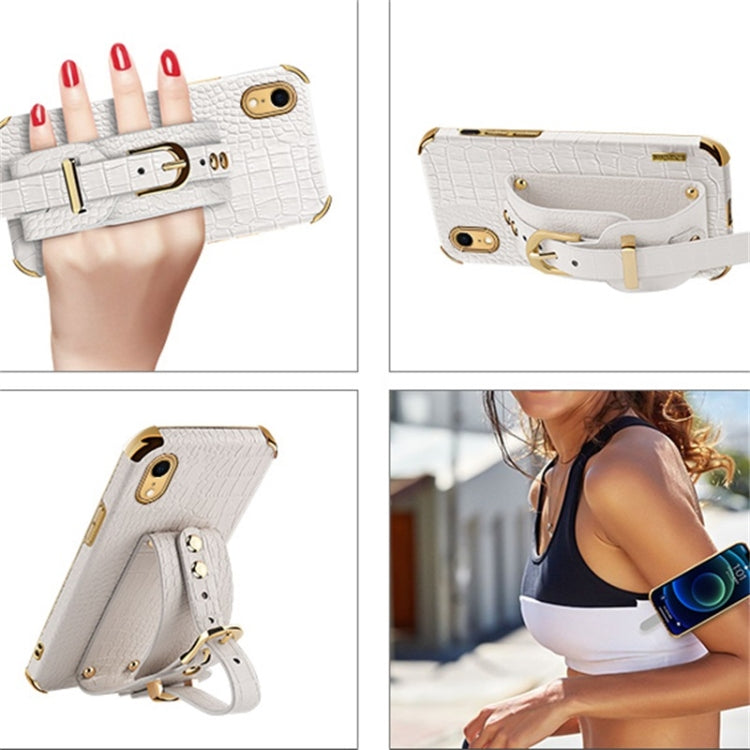For iPhone XR Electroplated TPU Crocodile Pattern Leather Case with Wrist Strap(White) - More iPhone Cases by buy2fix | Online Shopping UK | buy2fix