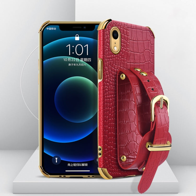 For iPhone XR Electroplated TPU Crocodile Pattern Leather Case with Wrist Strap(Red) - More iPhone Cases by buy2fix | Online Shopping UK | buy2fix