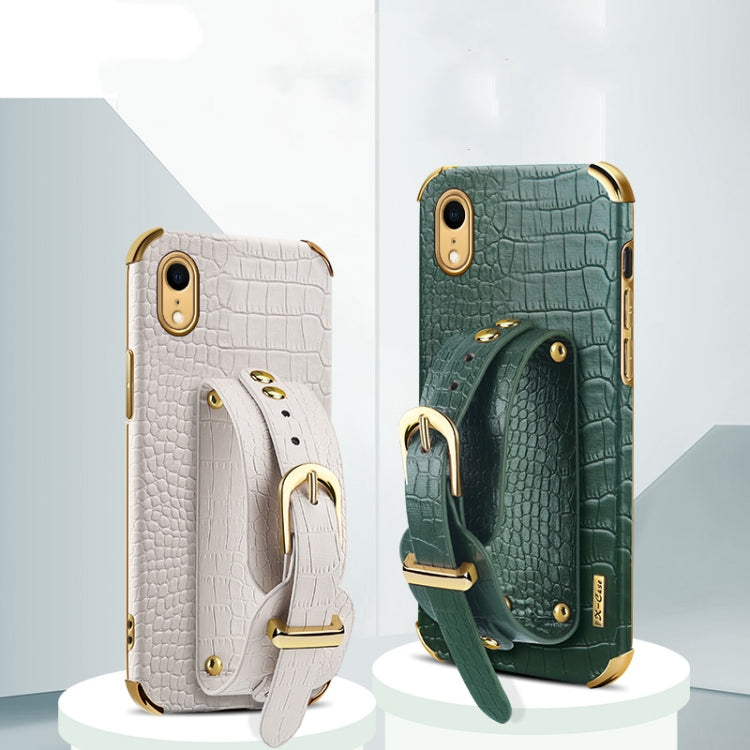 For iPhone XR Electroplated TPU Crocodile Pattern Leather Case with Wrist Strap(Green) - More iPhone Cases by buy2fix | Online Shopping UK | buy2fix