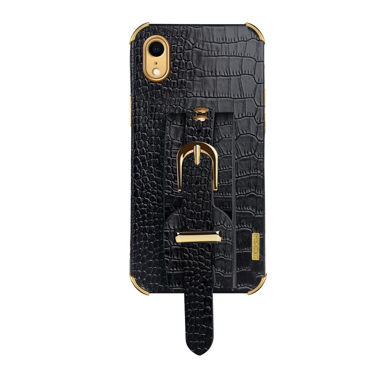 For iPhone XR Electroplated TPU Crocodile Pattern Leather Case with Wrist Strap(Black) - More iPhone Cases by buy2fix | Online Shopping UK | buy2fix