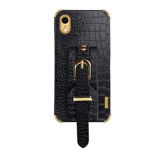 For iPhone XR Electroplated TPU Crocodile Pattern Leather Case with Wrist Strap(Black) by buy2fix