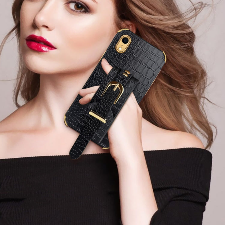 For iPhone XR Electroplated TPU Crocodile Pattern Leather Case with Wrist Strap(Black) - More iPhone Cases by buy2fix | Online Shopping UK | buy2fix