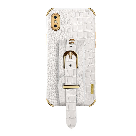 For iPhone XS Max Electroplated TPU Crocodile Pattern Leather Case with Wrist Strap(White) by buy2fix