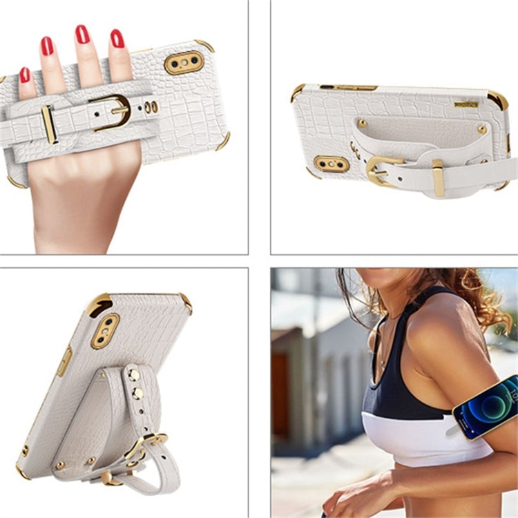 For iPhone XS Max Electroplated TPU Crocodile Pattern Leather Case with Wrist Strap(White) - More iPhone Cases by buy2fix | Online Shopping UK | buy2fix