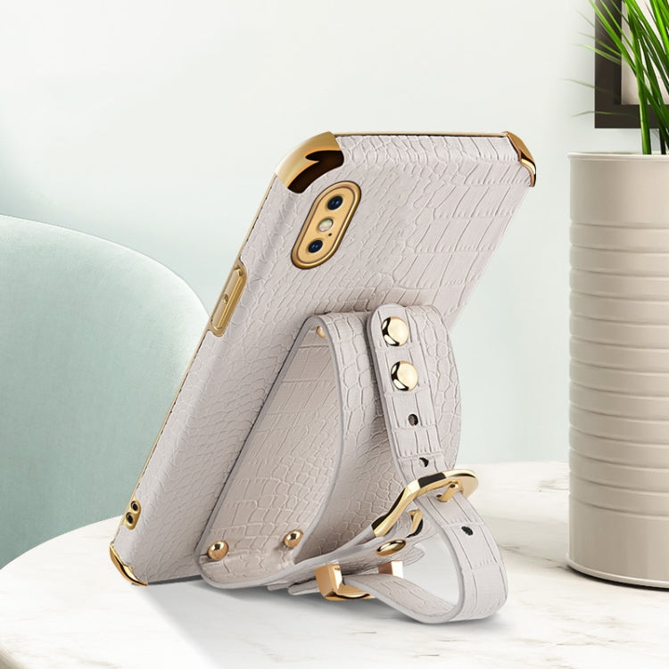 For iPhone XS Max Electroplated TPU Crocodile Pattern Leather Case with Wrist Strap(White) - More iPhone Cases by buy2fix | Online Shopping UK | buy2fix