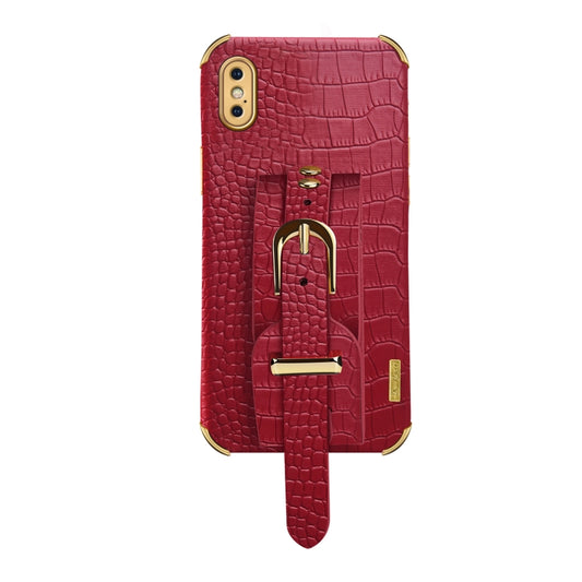 For iPhone XS Max Electroplated TPU Crocodile Pattern Leather Case with Wrist Strap(Red) by buy2fix