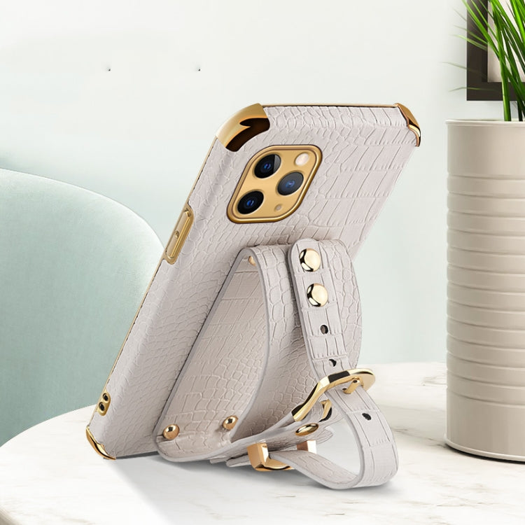 For iPhone 11 Pro Electroplated TPU Crocodile Pattern Leather Case with Wrist Strap (White) - iPhone 11 Pro Cases by buy2fix | Online Shopping UK | buy2fix