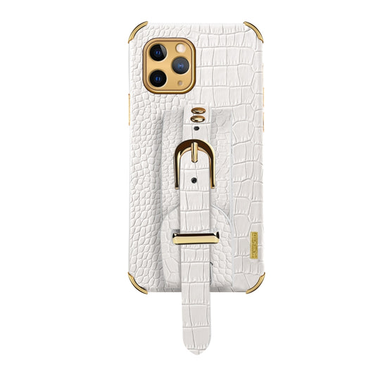 For iPhone 11 Pro Max Electroplated TPU Crocodile Pattern Leather Case with Wrist Strap (White) by buy2fix