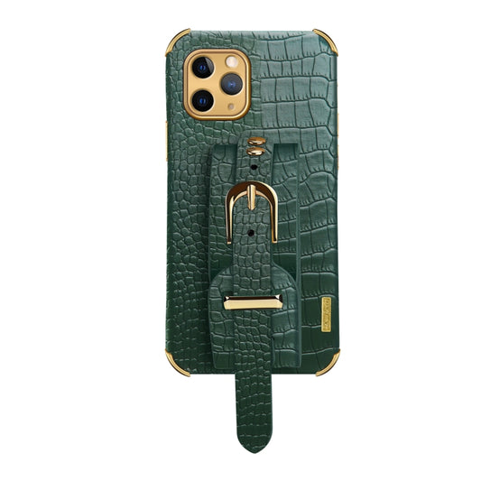 For iPhone 11 Pro Max Electroplated TPU Crocodile Pattern Leather Case with Wrist Strap (Green) by buy2fix