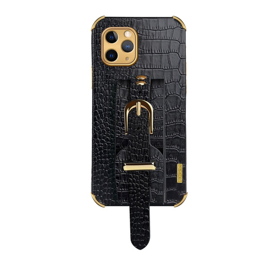 For iPhone 11 Pro Max Electroplated TPU Crocodile Pattern Leather Case with Wrist Strap (Black) by buy2fix