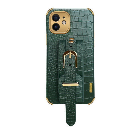 For iPhone 12 Electroplated TPU Crocodile Pattern Leather Case with Wrist Strap(Green) by buy2fix