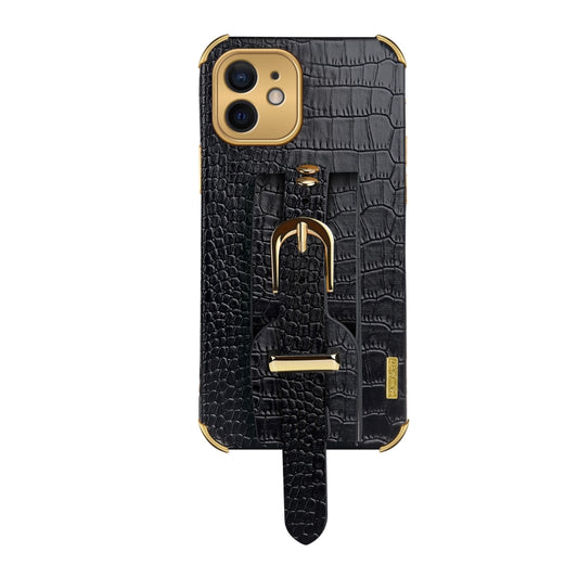 For iPhone 12 Electroplated TPU Crocodile Pattern Leather Case with Wrist Strap(Black) by buy2fix