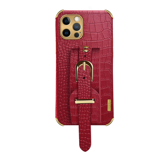 For iPhone 12 Pro Electroplated TPU Crocodile Pattern Leather Case with Wrist Strap(Red) by buy2fix