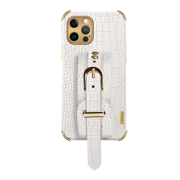 For iPhone 12 Pro Max Electroplated TPU Crocodile Pattern Leather Case with Wrist Strap(White) - iPhone 12 Pro Max Cases by buy2fix | Online Shopping UK | buy2fix
