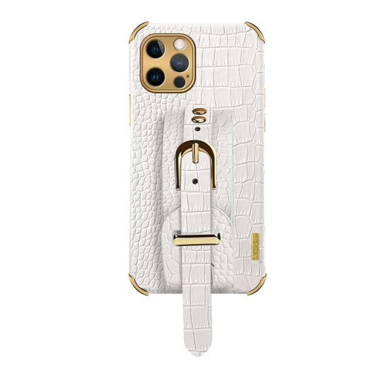 For iPhone 12 Pro Max Electroplated TPU Crocodile Pattern Leather Case with Wrist Strap(White) by buy2fix