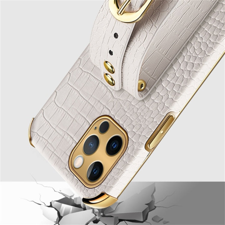 For iPhone 12 Pro Max Electroplated TPU Crocodile Pattern Leather Case with Wrist Strap(White) - iPhone 12 Pro Max Cases by buy2fix | Online Shopping UK | buy2fix