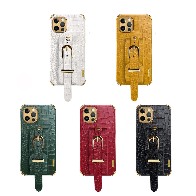 For iPhone 12 Pro Max Electroplated TPU Crocodile Pattern Leather Case with Wrist Strap(White) - iPhone 12 Pro Max Cases by buy2fix | Online Shopping UK | buy2fix