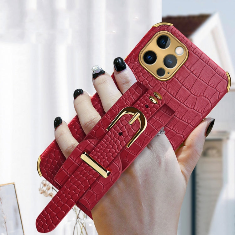 For iPhone 12 Pro Max Electroplated TPU Crocodile Pattern Leather Case with Wrist Strap(Red) - iPhone 12 Pro Max Cases by buy2fix | Online Shopping UK | buy2fix