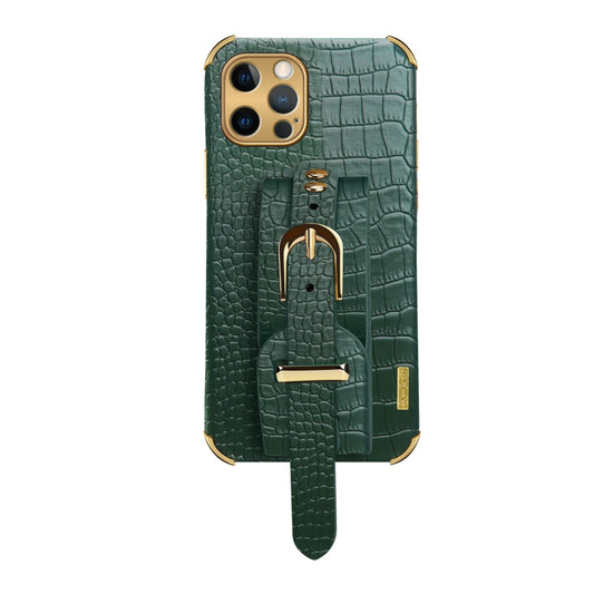 For iPhone 12 Pro Max Electroplated TPU Crocodile Pattern Leather Case with Wrist Strap(Green) by buy2fix