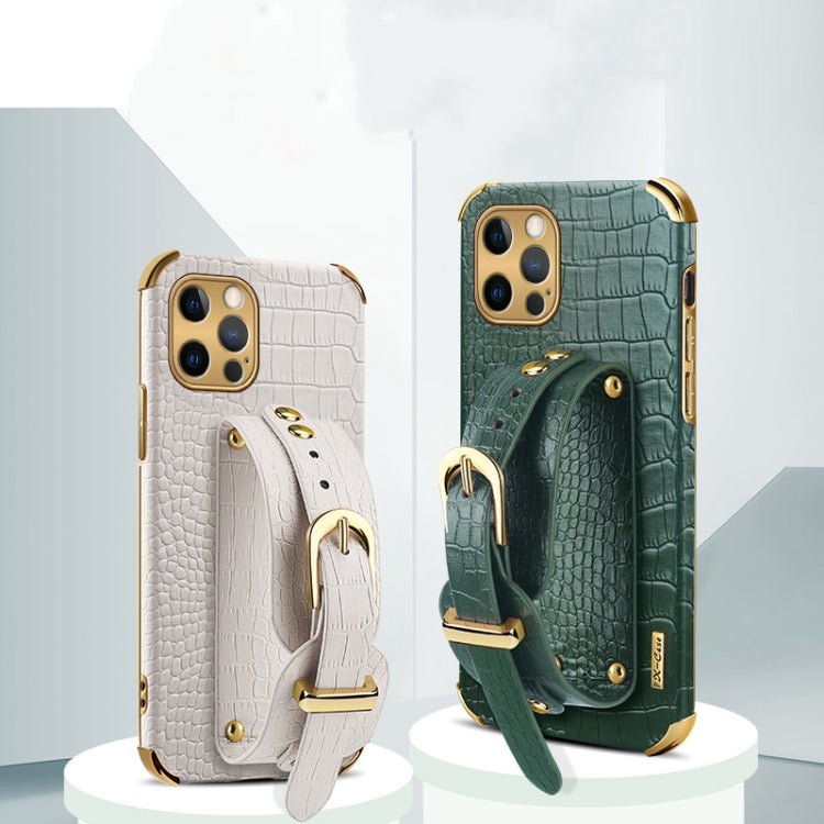 For iPhone 12 Pro Max Electroplated TPU Crocodile Pattern Leather Case with Wrist Strap(Green) - iPhone 12 Pro Max Cases by buy2fix | Online Shopping UK | buy2fix