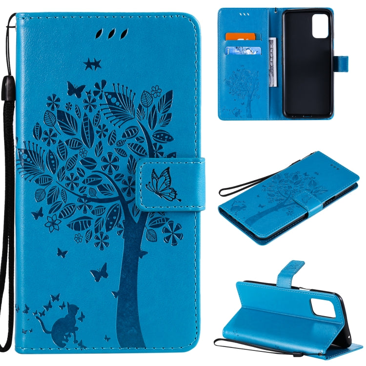For LG K52 Tree & Cat Pattern Pressed Printing Horizontal Flip PU Leather Case with Holder & Card Slots & Wallet & Lanyard(Blue) - LG Cases by buy2fix | Online Shopping UK | buy2fix
