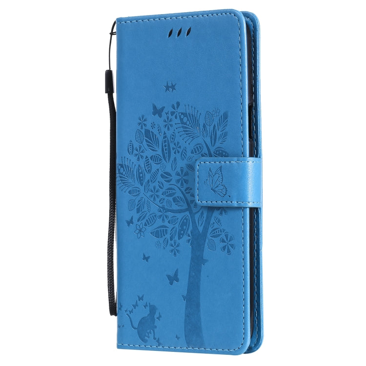 For LG K52 Tree & Cat Pattern Pressed Printing Horizontal Flip PU Leather Case with Holder & Card Slots & Wallet & Lanyard(Blue) - LG Cases by buy2fix | Online Shopping UK | buy2fix