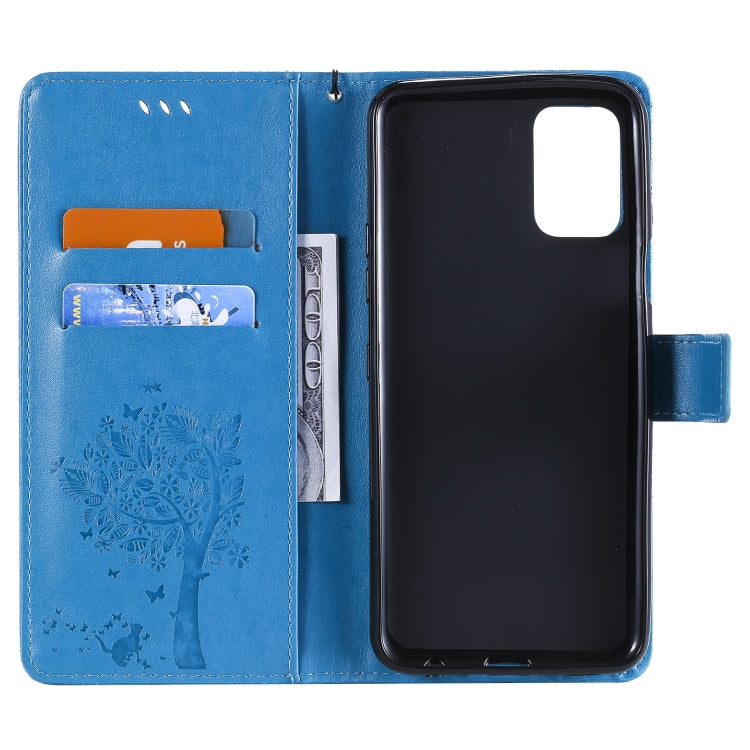 For LG K52 Tree & Cat Pattern Pressed Printing Horizontal Flip PU Leather Case with Holder & Card Slots & Wallet & Lanyard(Blue) - LG Cases by buy2fix | Online Shopping UK | buy2fix