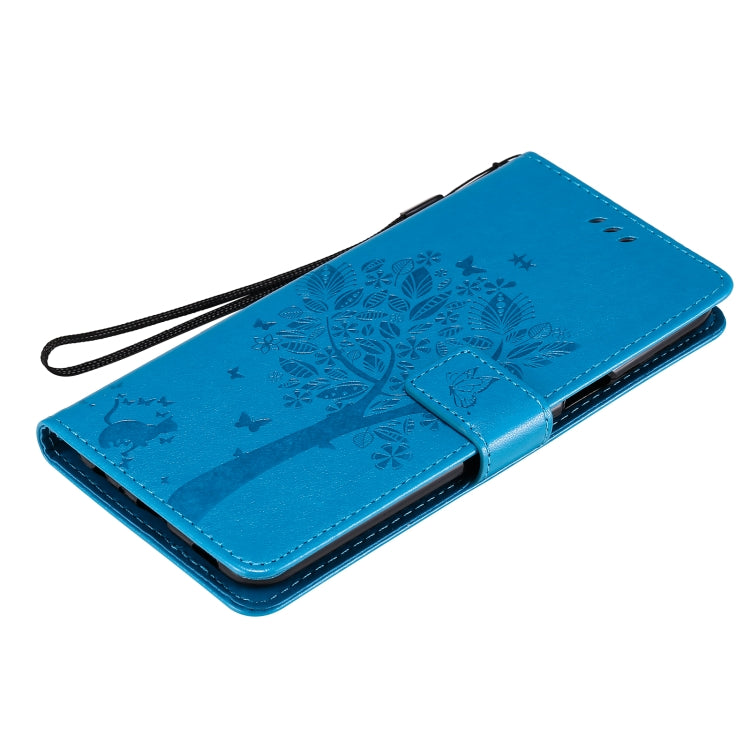 For LG K52 Tree & Cat Pattern Pressed Printing Horizontal Flip PU Leather Case with Holder & Card Slots & Wallet & Lanyard(Blue) - LG Cases by buy2fix | Online Shopping UK | buy2fix