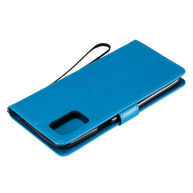 For LG K52 Tree & Cat Pattern Pressed Printing Horizontal Flip PU Leather Case with Holder & Card Slots & Wallet & Lanyard(Blue) - LG Cases by buy2fix | Online Shopping UK | buy2fix