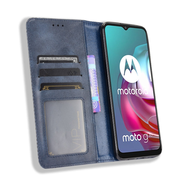 For Motorola Moto G30 Magnetic Buckle Retro Texture Horizontal Flip Leather Case with Holder & Card Slots & Photo Frame(Blue) - Motorola Cases by buy2fix | Online Shopping UK | buy2fix