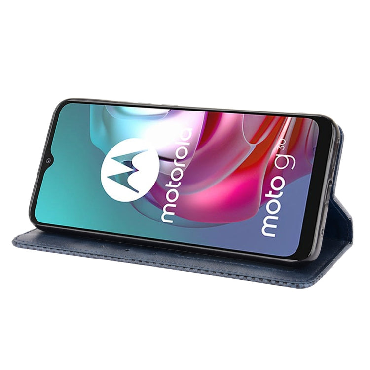 For Motorola Moto G30 Magnetic Buckle Retro Texture Horizontal Flip Leather Case with Holder & Card Slots & Photo Frame(Blue) - Motorola Cases by buy2fix | Online Shopping UK | buy2fix