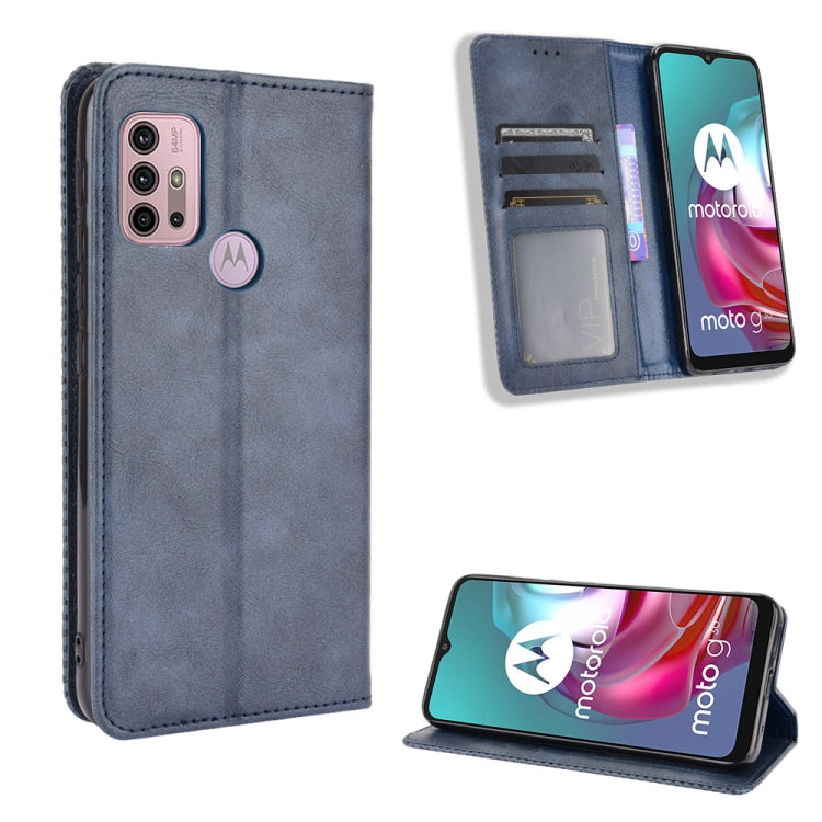 For Motorola Moto G30 Magnetic Buckle Retro Texture Horizontal Flip Leather Case with Holder & Card Slots & Photo Frame(Blue) - Motorola Cases by buy2fix | Online Shopping UK | buy2fix