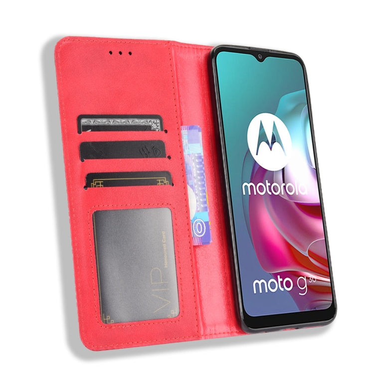 For Motorola Moto G30 Magnetic Buckle Retro Texture Horizontal Flip Leather Case with Holder & Card Slots & Photo Frame(Red) - Motorola Cases by buy2fix | Online Shopping UK | buy2fix