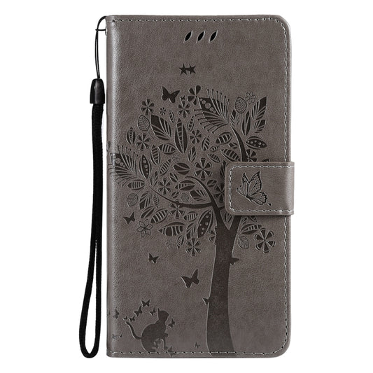 For Samsung Galaxy S21 5G Tree & Cat Pattern Pressed Printing Horizontal Flip PU Leather Case with Holder & Card Slots & Wallet & Lanyard(Gray) by buy2fix