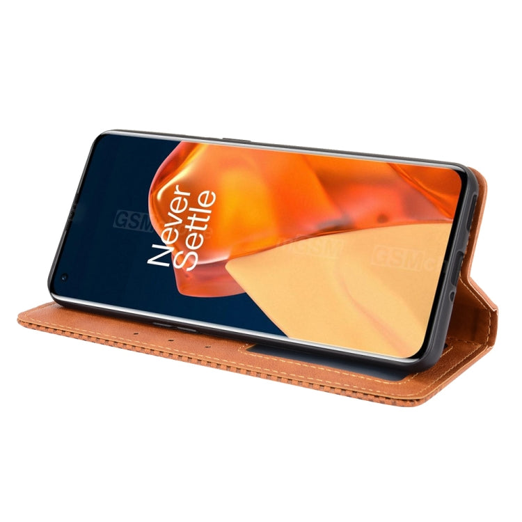 For OnePlus 9 Pro Magnetic Buckle Retro Crazy Horse Texture Horizontal Flip Leather Case with Holder & Card Slots & Photo Frame(Brown) - OnePlus Cases by buy2fix | Online Shopping UK | buy2fix