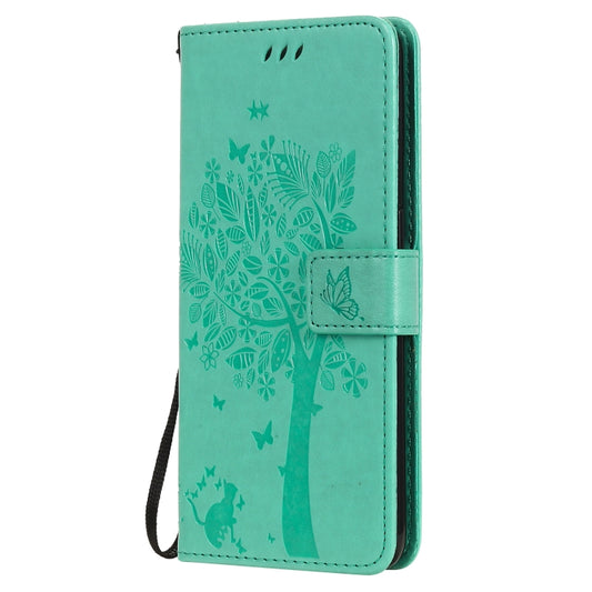 For OPPO Reno5 5G Tree & Cat Pattern Pressed Printing Horizontal Flip PU Leather Case with Holder & Card Slots & Wallet & Lanyard(Green) by buy2fix